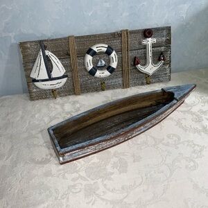 Nautical Rustic Decor Hanging Wooden Hanger With Hooks & Sailboat
